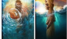 2 Pcs Framed Jesus wall art The Hand of God Jesus Reaching Into Water Christ Religion Canvas Wall Decor Blue Ocean Bible Pictures Posters Prints Paintings for Living Room Bedroom Church Decorations