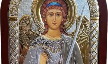 Guardian Angel Byzantine Icon, 925 Sterling Silver Orthodox Christian Greek Handmade Wall Decor, Red Frame, 5.5 x 4 in (A-3/007G/K)