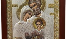 Silver Canvas Holy Family Byzantine Orthodox Icon, 925 Sterling Silver Christian Icon, Greek Handmade Wall Decor, Red, 9.5 x 7.25 in (PR-5/005G/K)