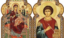 Needzo Russian Healer St Saint Panteleimon Wooden Orthodox Icon and Virgin Mary Queen of All Refuge of Sick and Cancer Suffers Diptych, 7 1/2 Inch, Dome Shape, Gold Foil