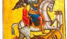Iconsgr Wooden Greek Christian Orthodox Wood Icon of Saint George Riding His Horse and Slaying the Beast / MP2