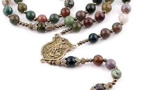 Catholic Town 8mm India Agate Natural Stone Beads, Large Rosary with Caps Saint Michael the Archangel Medal and Pardon Crucifix (CTROSSMA-IA)