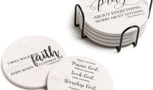 Coasters for Drinks with Bible Verses, Set of 6 Absorbent Drinks Coasters with Holder Ceramic Drink Coaster with Cork Backing for Table Protection, Christian Coasters, Christian Gifts