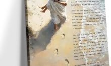 Jesus Footprints in the Sand Wall Art Jesus Holding Woman Painting Picture Wall Decor Christian Inspirational Poem Poster Print Artwork for Religious Living Room Bedroom Decor 12x16in Wrapped Canvas