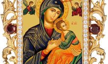 Needzo Virgin Mary and Christ Icon, Perpetual Help Religious Gift For Woman, Man, With Stand and Wall Hanging, Framed With Faux Crystals, 4 Inch