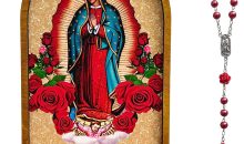 Wooden Rosary Tray with Rosary, Our Lady of Guadalupe Wood Plaque Catholic Icon Home Altar Decor, Virgin Mary Rosary Holder with Rosary Beads