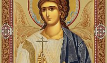 Needzo Orthodox Icon Protector Guardian Angel with Sword and Three Bar Cross, Wooden Gold Foil 7 1/2 Inch