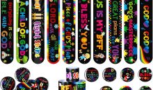 Frienda 60 Pcs Christian Gifts Bulk Pack, Religious Slap Bracelets with Button Pins, Bible Verse Jesus Loves You Wristbands, Faith Party Favors for Sunday School Church Classroom Prizes(Jesus)